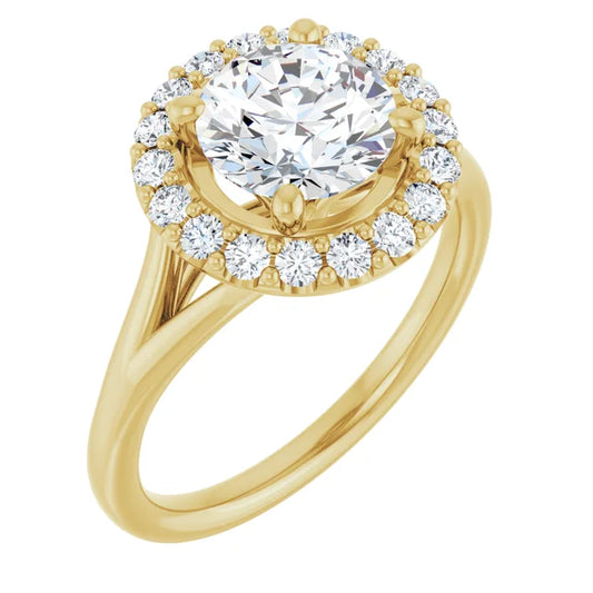 Round Brilliant Yellow Gold Halo Solitaire Split Band Lab Diamond Engagement Ring 