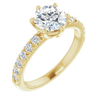 Round Brilliant Six Claw Pave Yellow Gold Engagement Ring 