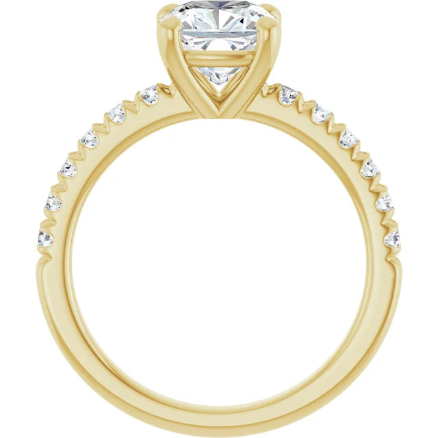 Cushion Four Claw Pave Yellow Gold Engagement Ring 