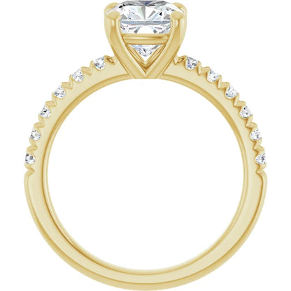 Cushion Four Claw Pave Yellow Gold Engagement Ring 