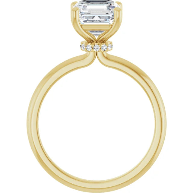 Asscher Cut Yellow Gold Low Hidden Halo Solitaire Engagement Ring