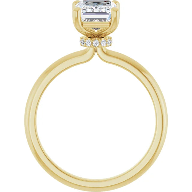 Emerald Cut Yellow Gold Low Hidden Halo Solitaire Engagement Ring