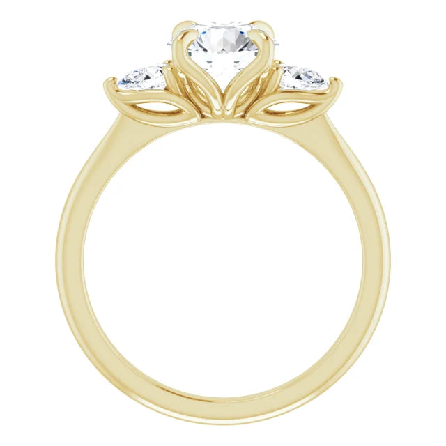 Round Brilliant Yellow Gold Tri -Stone Style Pear Accent Engagement Ring