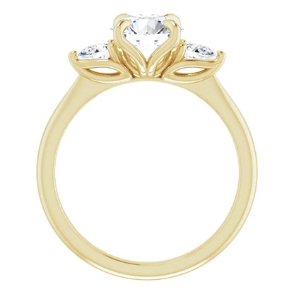 Round Brilliant Yellow Gold Tri -Stone Style Pear Accent Engagement Ring