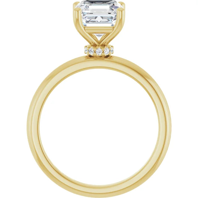 Asscher Cut Yellow Gold Low Hidden Halo Solitaire Engagement Ring