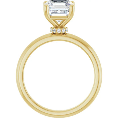 Asscher Cut Yellow Gold Low Hidden Halo Solitaire Engagement Ring