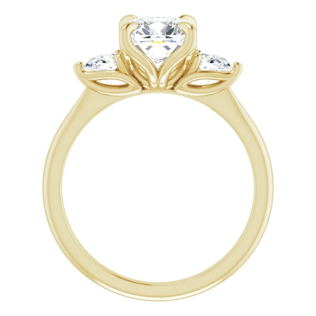Cushion Yellow Gold Tri -Stone Style Pear Accent Engagement Ring