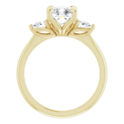 Cushion Yellow Gold Tri -Stone Style Pear Accent Engagement Ring