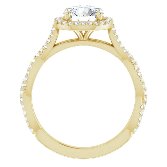 Round Brilliant Yellow Gold Halo Twist Pave Moissanite Engagement Ring 