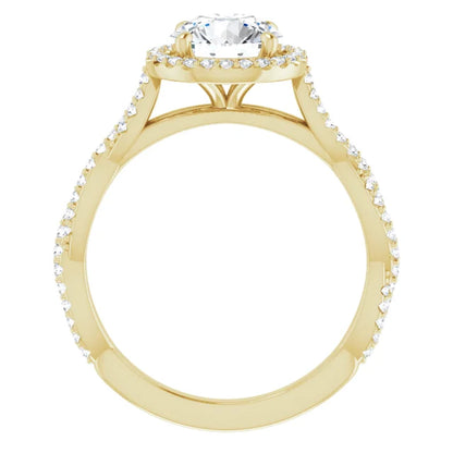 Round Brilliant Yellow Gold Halo Twist Pave Moissanite Engagement Ring 