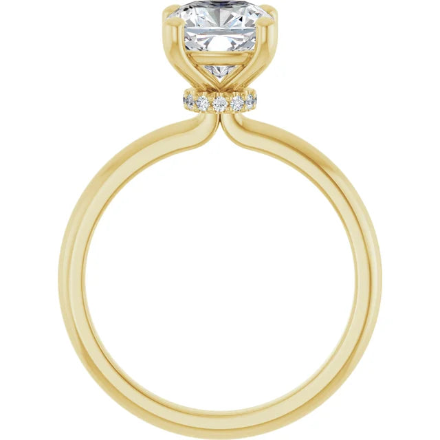 Cushion Cut Yellow Gold Low Hidden Halo Solitaire Engagement Ring