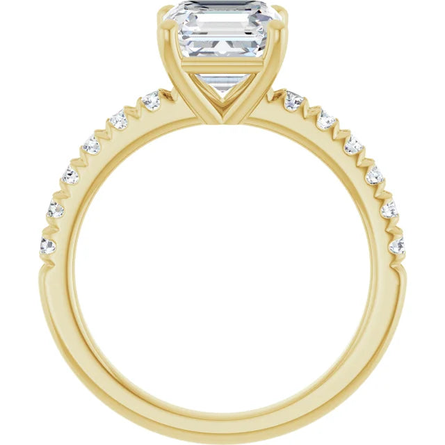 Asscher Four Claw Pave Yellow Gold Engagement Ring 