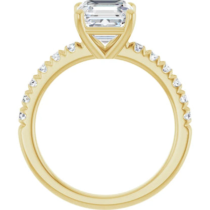Asscher Four Claw Pave Yellow Gold Engagement Ring 