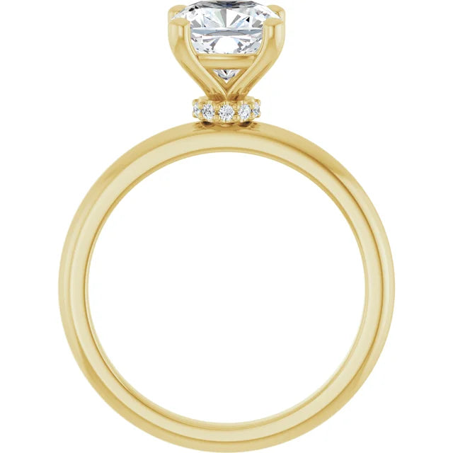 Cushion Cut Yellow Gold Low Hidden Halo Solitaire Engagement Ring