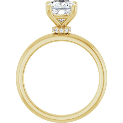 Cushion Cut Yellow Gold Low Hidden Halo Solitaire Engagement Ring