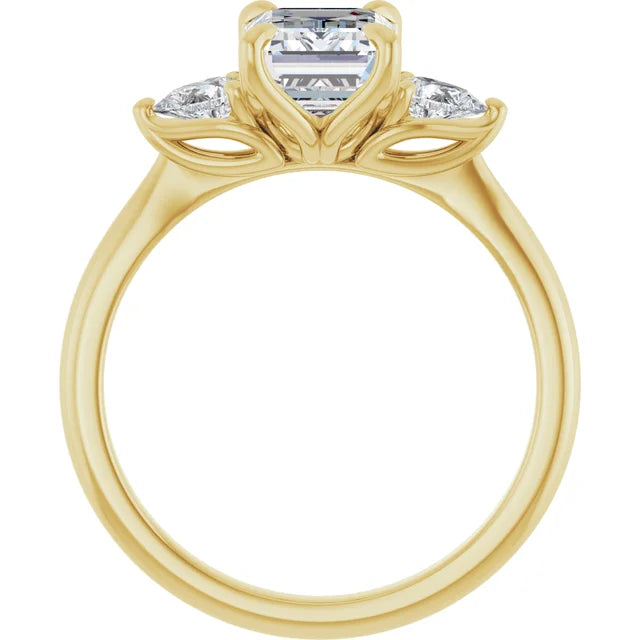 Emerald Yellow Gold Tri -Stone Style Pear Accent Engagement Ring