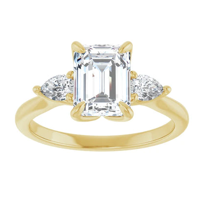 Emerald Yellow Gold Tri -Stone Style Pear Accent Engagement Ring