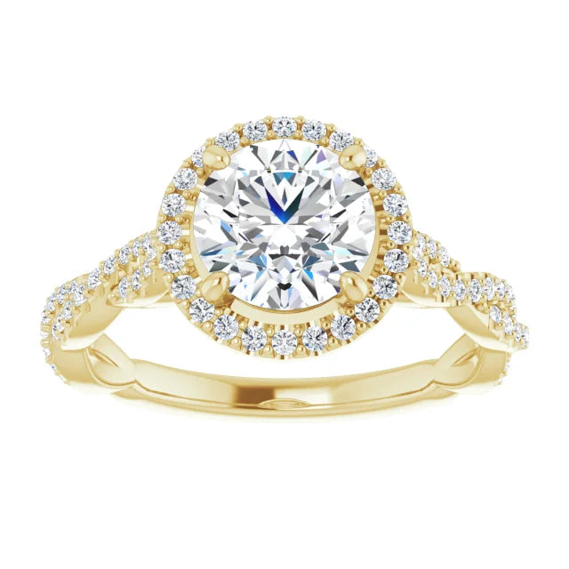 Round Brilliant Yellow Gold Halo Twist Pave Moissanite Engagement Ring 