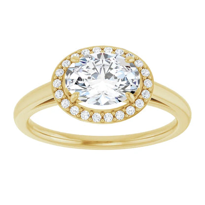 Oval Yellow Gold East West Halo Style Engagement Ring