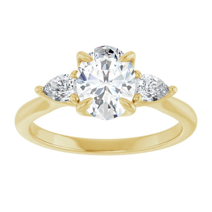 Oval Yellow Gold Tri -Stone Style Pear Accent Engagement Ring