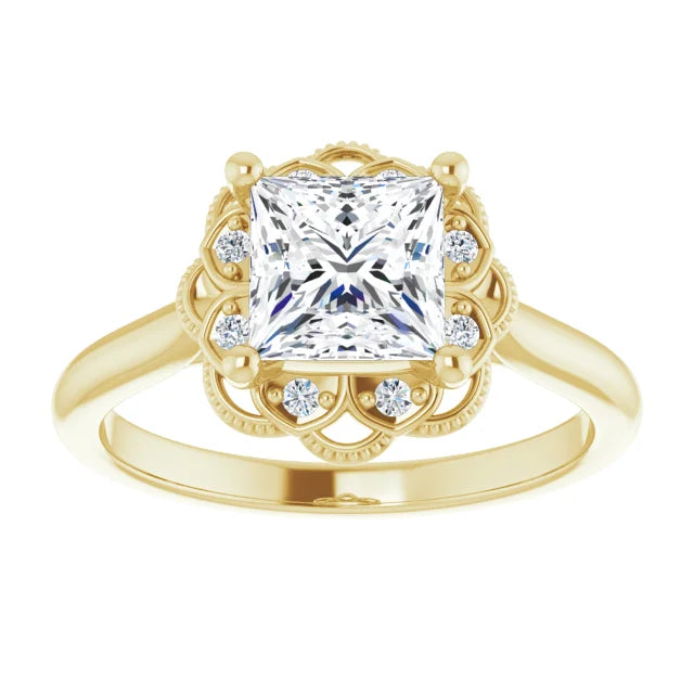Princess Yellow Gold Antique Inspired Design Engagement Ring