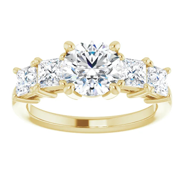 Round Brilliant Yellow Gold Multi Stone Accent Style Engagement Ring