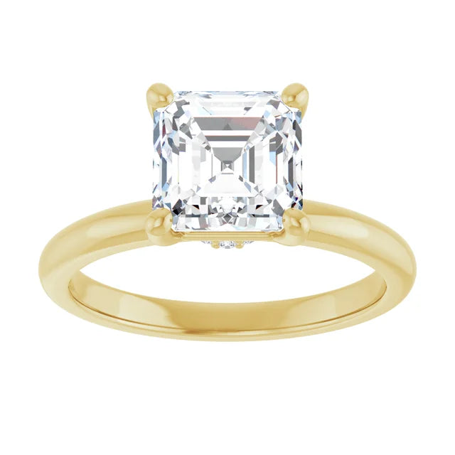 Asscher Cut Yellow Gold Low Hidden Halo Solitaire Engagement Ring