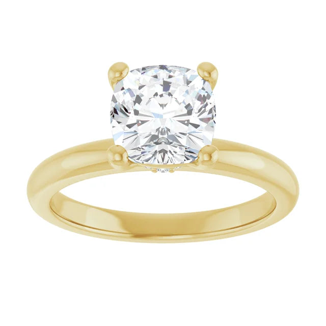 Cushion Cut Yellow Gold Low Hidden Halo Solitaire Engagement Ring