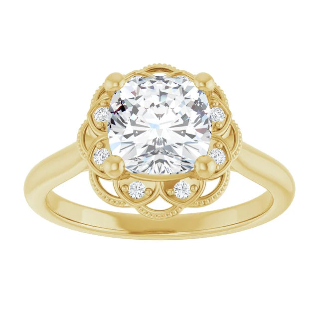 Cushion Yellow Gold Antique Inspired Design Engagement Ring