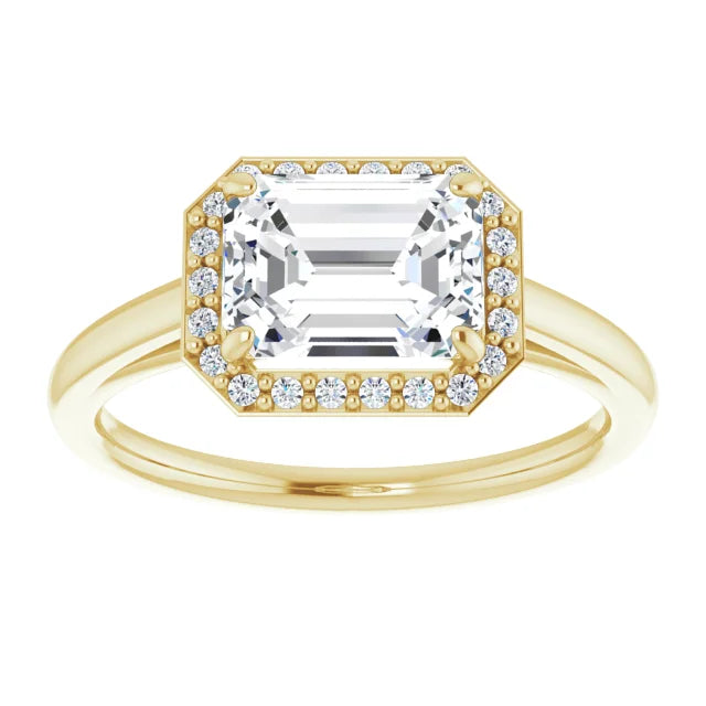 Emerald Yellow Gold East West Halo Style Engagement Ring