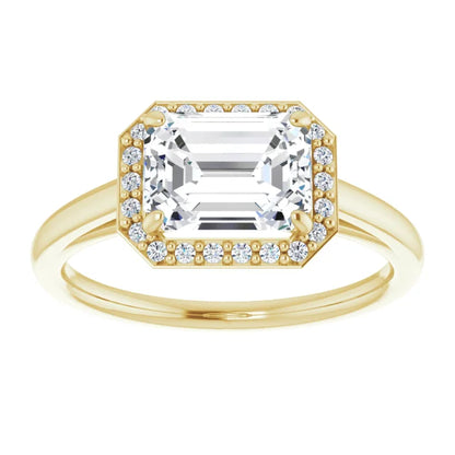 Emerald Yellow Gold East West Halo Style Engagement Ring