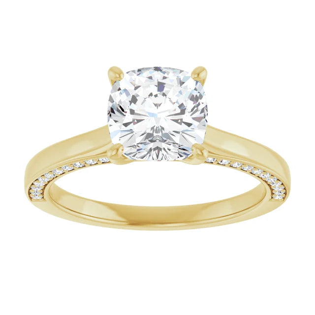 Cushion Yellow Gold Solitaire & Hidden Diamond Band Engagement Ring