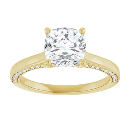 Cushion Yellow Gold Solitaire & Hidden Diamond Band Engagement Ring
