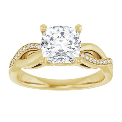 Cushion Yellow Gold Claw Set Twist Style Engagement Ring 