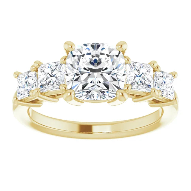 Cushion Yellow Gold Multi Stone Accent Style Engagement Ring