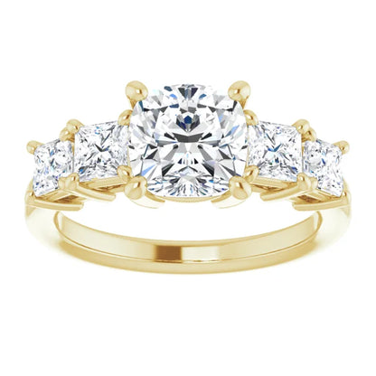 Cushion Yellow Gold Multi Stone Accent Style Engagement Ring