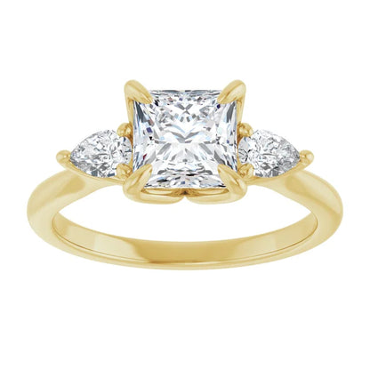Princess Yellow Gold Tri -Stone Style Pear Accent Engagement Ring