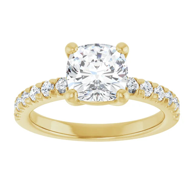 Cushion Four Claw Pave Yellow Gold Engagement Ring 