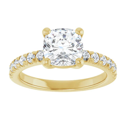 Cushion Four Claw Pave Yellow Gold Engagement Ring 