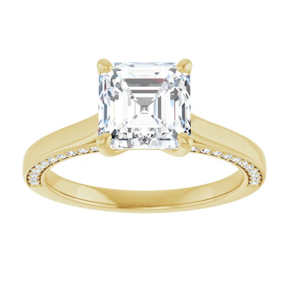 Asscher Yellow Gold Solitaire & Hidden Diamond Band Engagement Ring