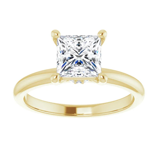 Princess Cut Yellow Gold Low Hidden Halo Solitaire Engagement Ring