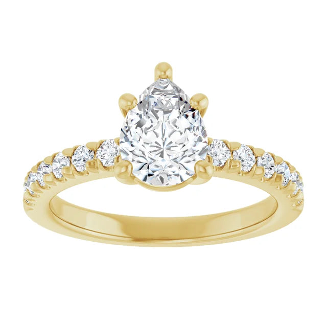 Pear Five Claw Pave Yellow Gold Engagement Ring 