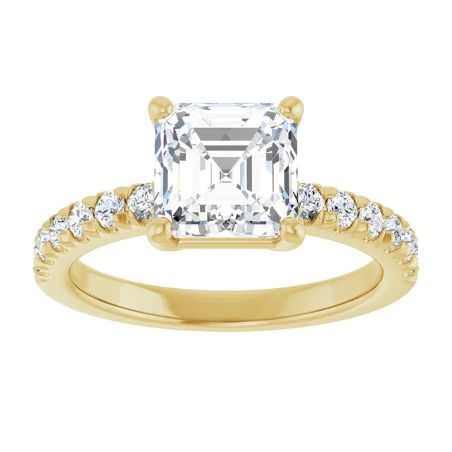 Asscher Four Claw Pave Yellow Gold Engagement Ring 