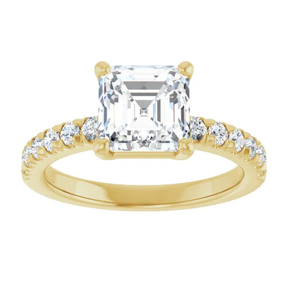 Asscher Four Claw Pave Yellow Gold Engagement Ring 