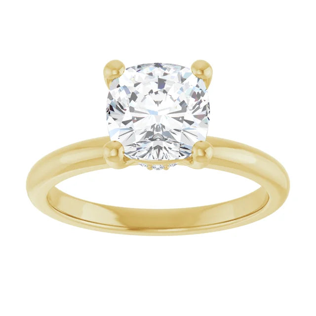 Cushion Cut Yellow Gold Low Hidden Halo Solitaire Engagement Ring