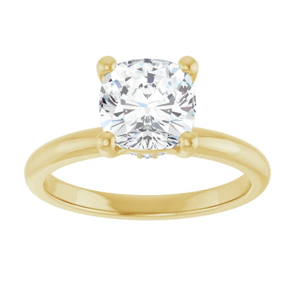 Cushion Cut Yellow Gold Low Hidden Halo Solitaire Engagement Ring