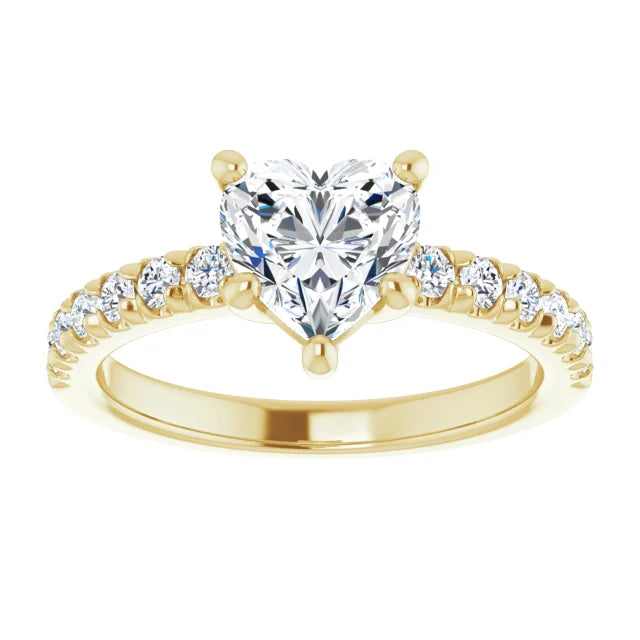 Heart Five Claw Pave Yellow Gold Engagement Ring 