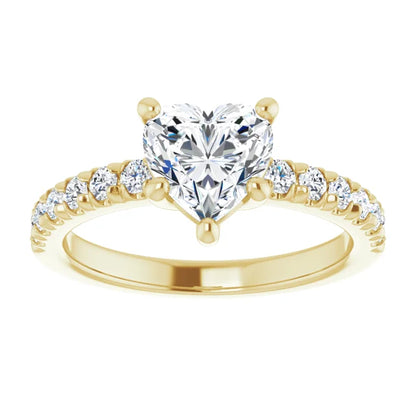 Heart Five Claw Pave Yellow Gold Engagement Ring 