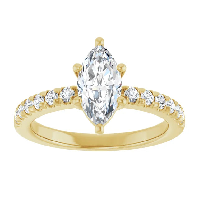 Marquise Six Claw Pave Yellow Gold Engagement Ring 