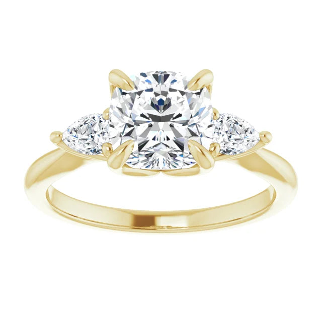 Cushion Yellow Gold Tri -Stone Style Pear Accent Engagement Ring